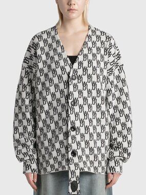 WE11DONE WD1 White Black Logo Wool Cashmere Jacquard Cardigan Sweater, Size S